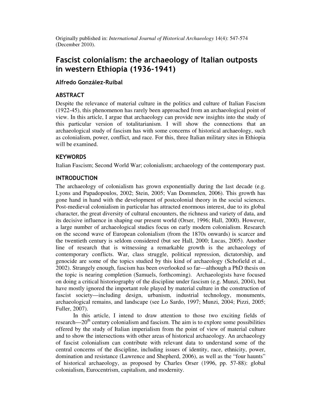 Fascist Colonialism: the Archaeology of Italian Outposts in Western Ethiopia (1936-1941)