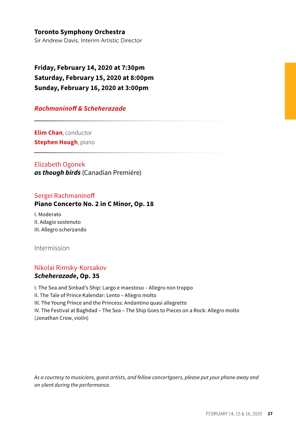 Toronto Symphony Orchestra Friday, February 14, 2020 at 7:30Pm Saturday, February 15, 2020 at 8:00Pm Sunday, February 16, 2020 A
