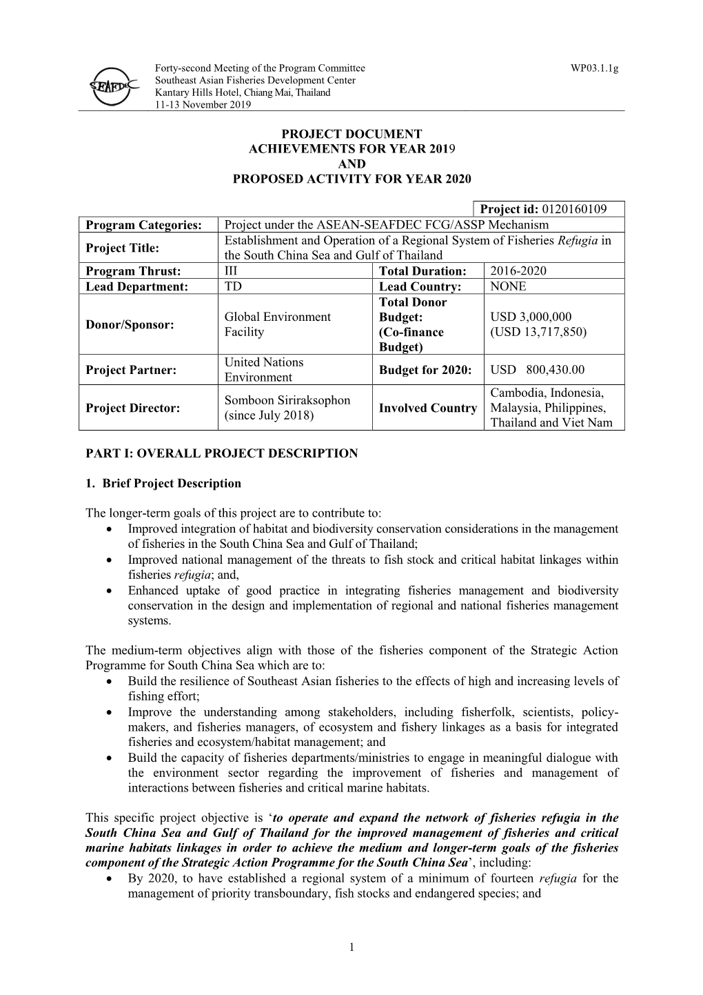 Project Document Achievements for Year 2019 and Proposed Activity for Year 2020