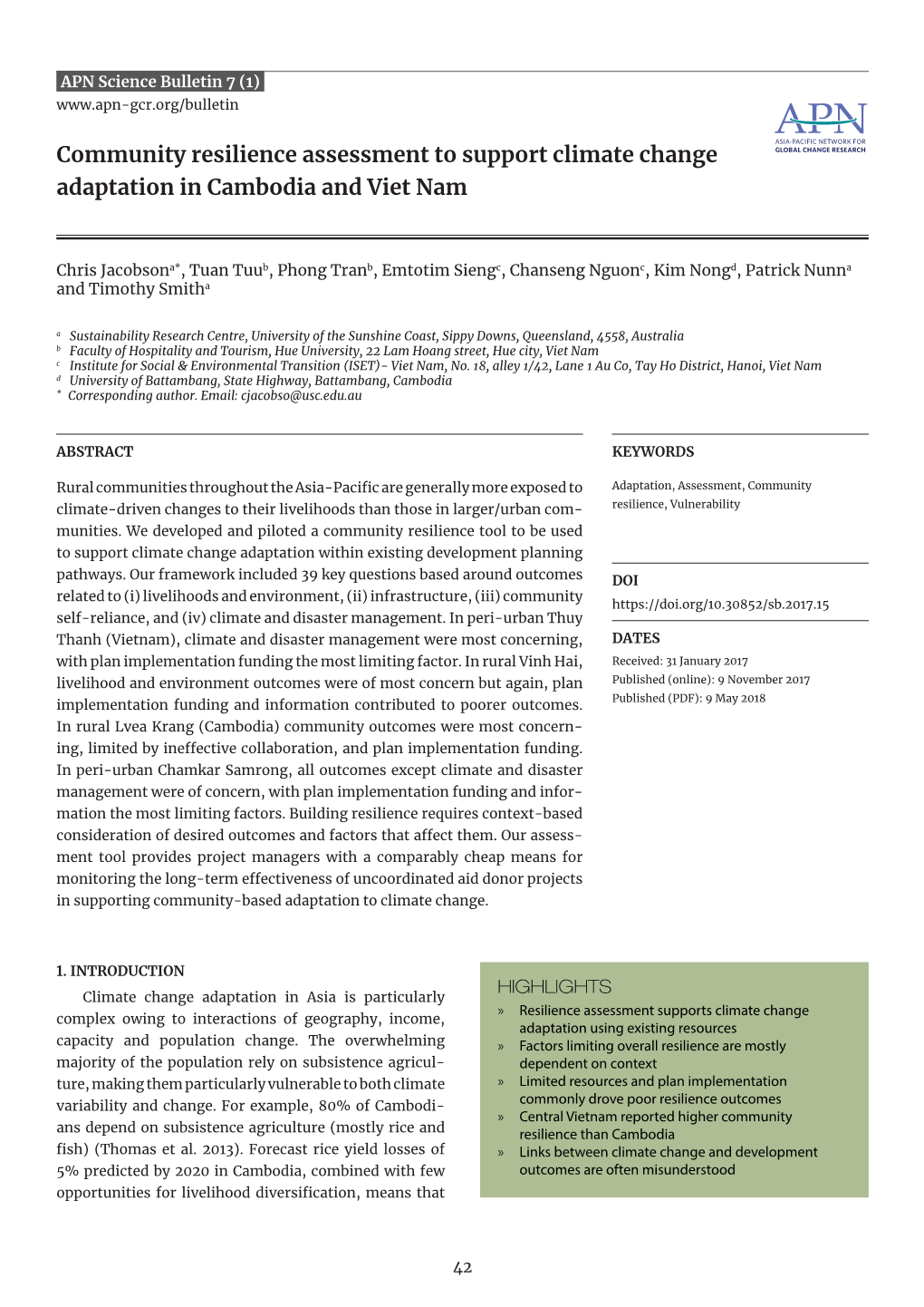 Community Resilience Assessment to Support Climate Change Adaptation in Cambodia and Viet Nam