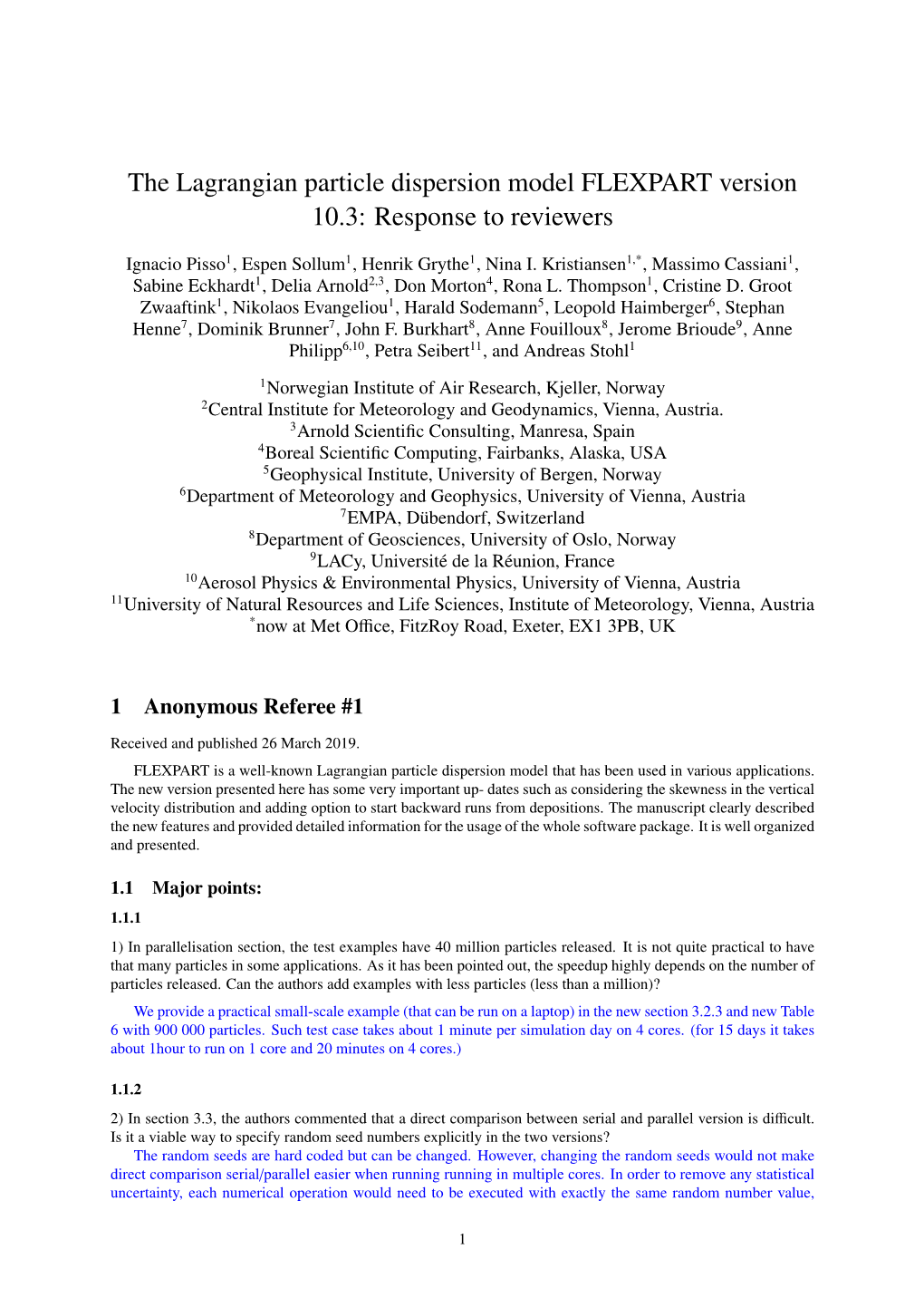 The Lagrangian Particle Dispersion Model FLEXPART Version 10.3: Response to Reviewers