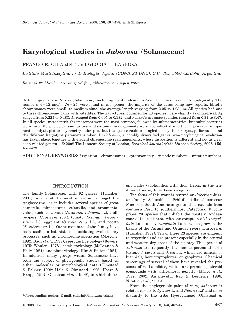 Karyological Studies in Jaborosa (Solanaceae)