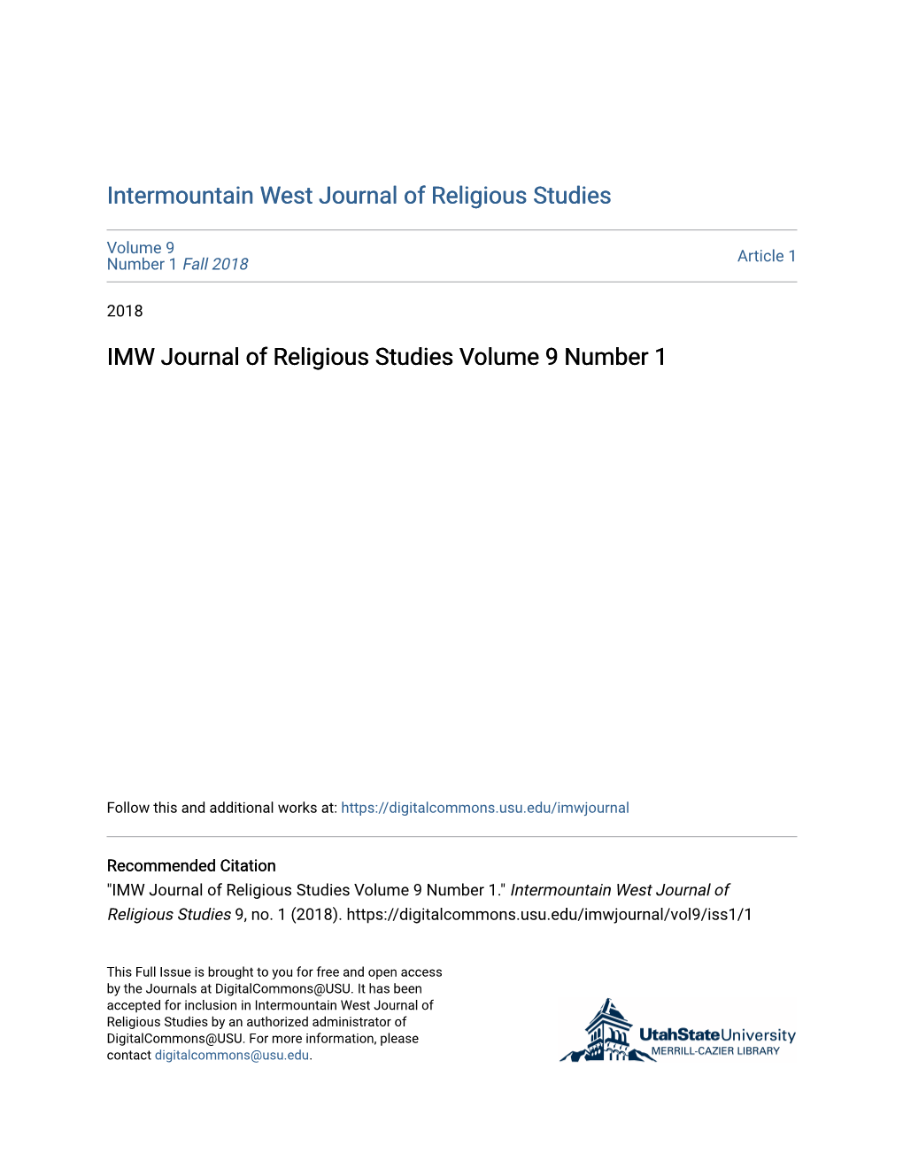 IMW Journal of Religious Studies Volume 9 Number 1