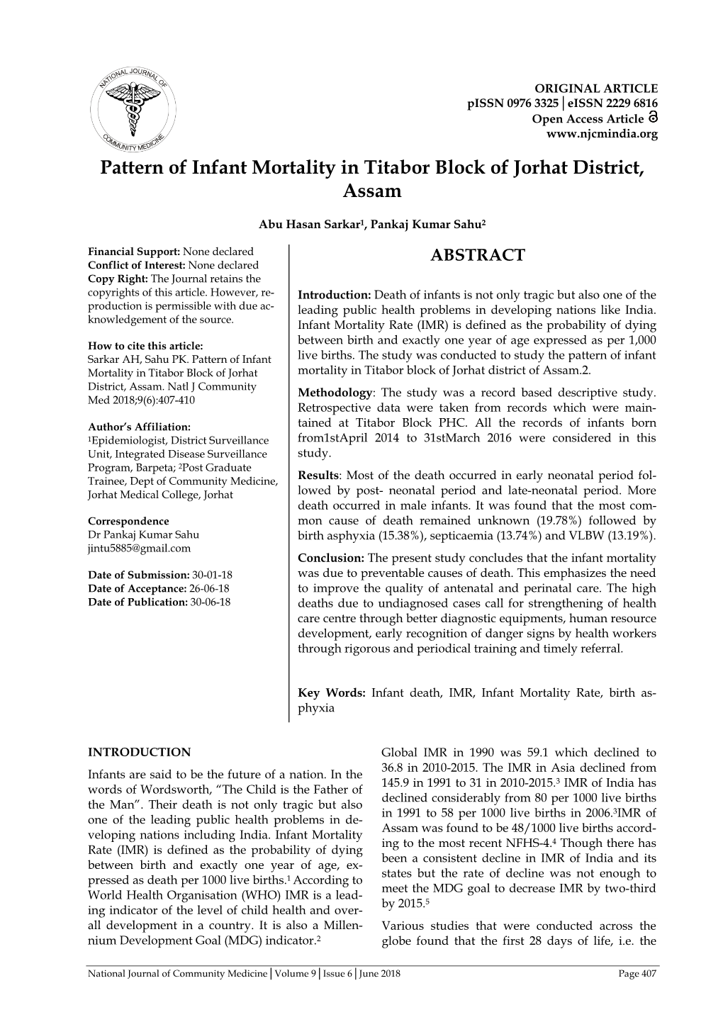 Pattern of Infant Mortality in Titabor Block of Jorhat District, Assam