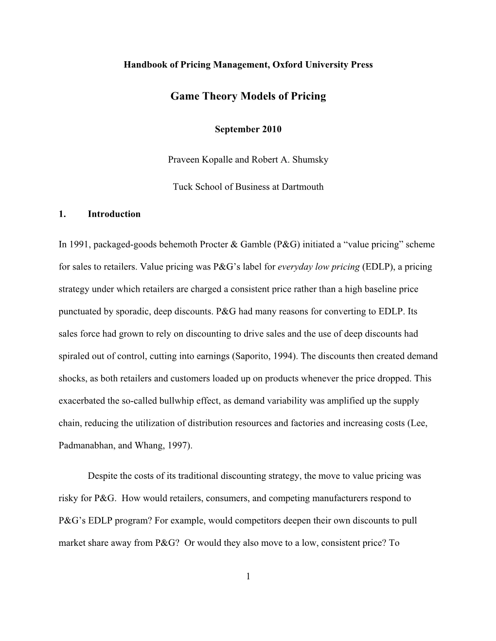 Game Theory Models of Pricing