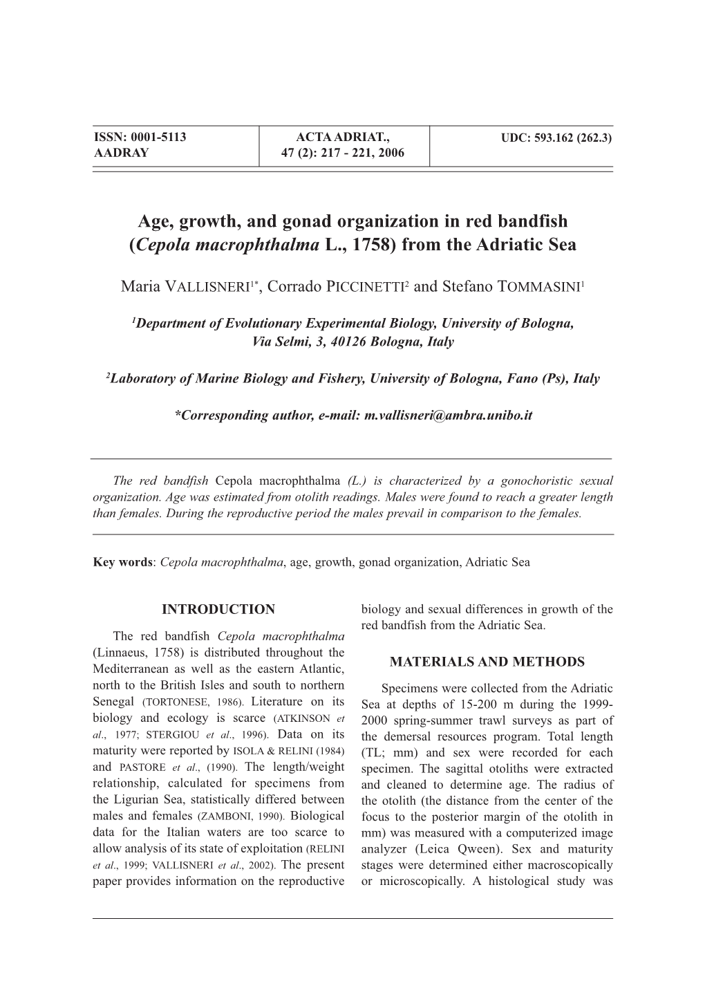 Cepola Macrophthalma L., 1758) from the Adriatic Sea