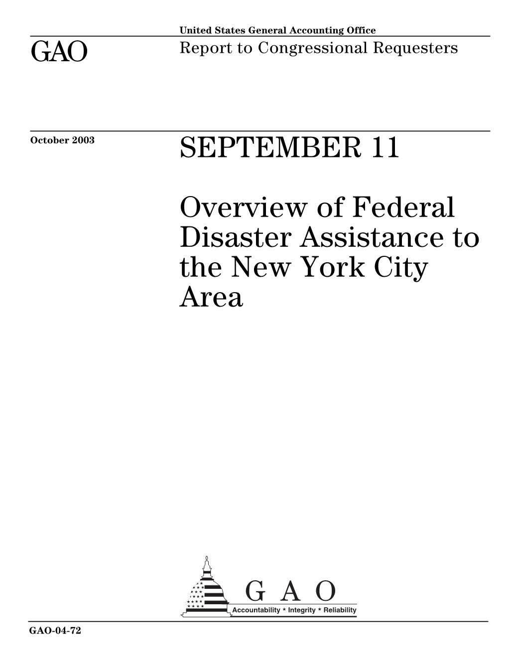 GAO-04-72 September 11: Overview of Federal Disaster Assistance To