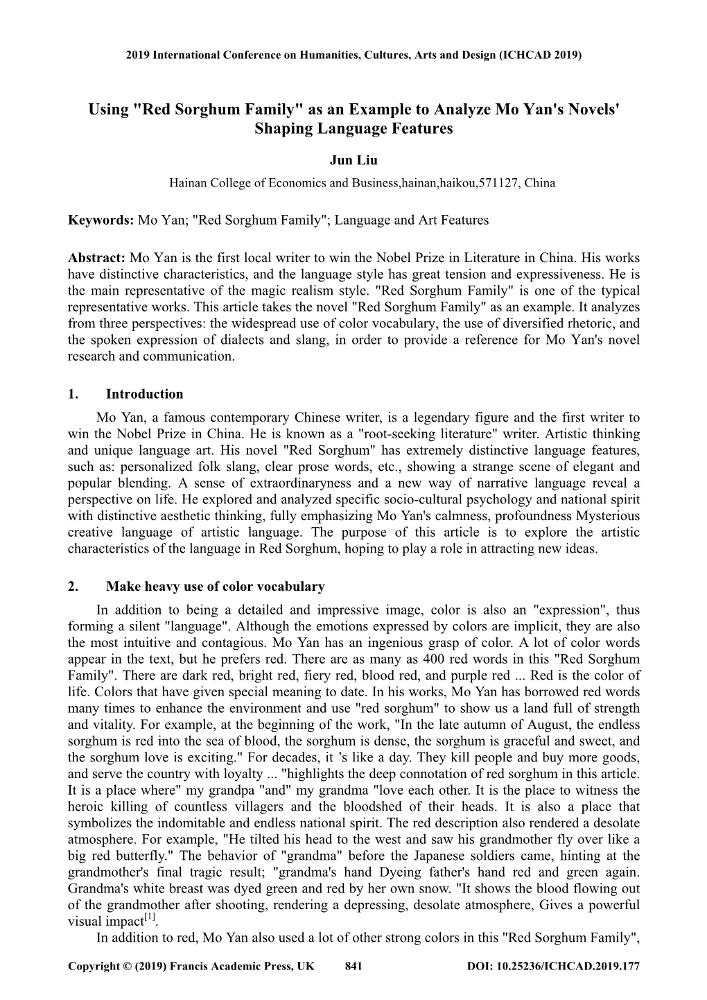 "Red Sorghum Family" As an Example to Analyze Mo Yan's Novels' Shaping Language Features