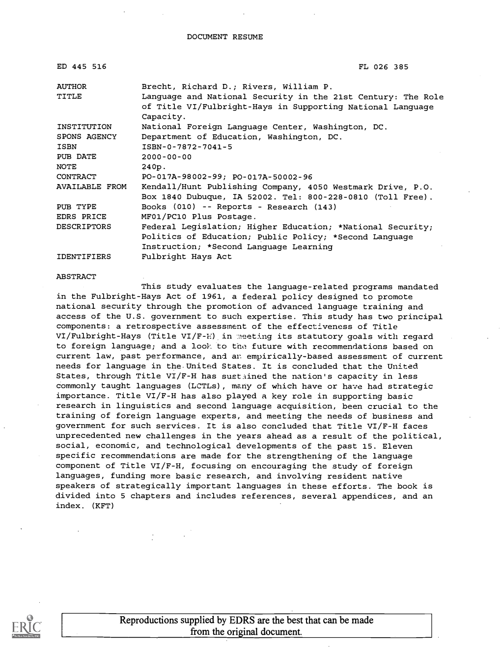 Language and National Security in the 21St Century: the Role of Title VI/Fulbright-Hays in Supporting National Language Capacity