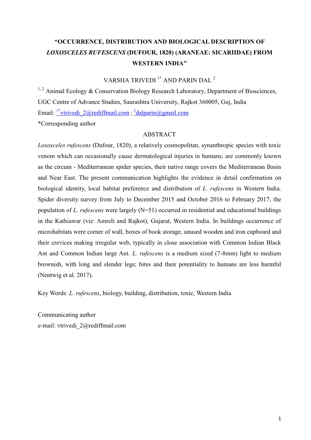 Occurrence, Distribution and Biological Description of Loxosceles Rufescens (Dufour, 1820) (Araneae: Sicariidae) from Western India”