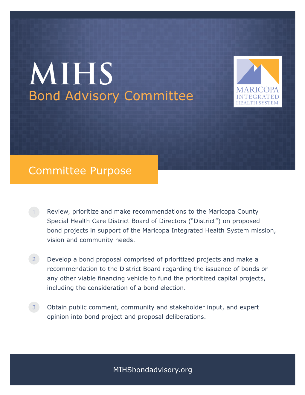 MIHS MARICOPA INTEGRATED Bond Advisory Committee HEALTH SYSTEM