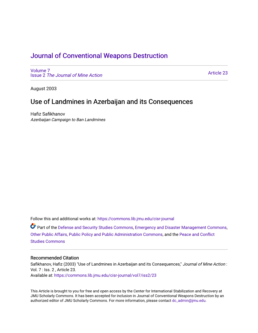 Use of Landmines in Azerbaijan and Its Consequences