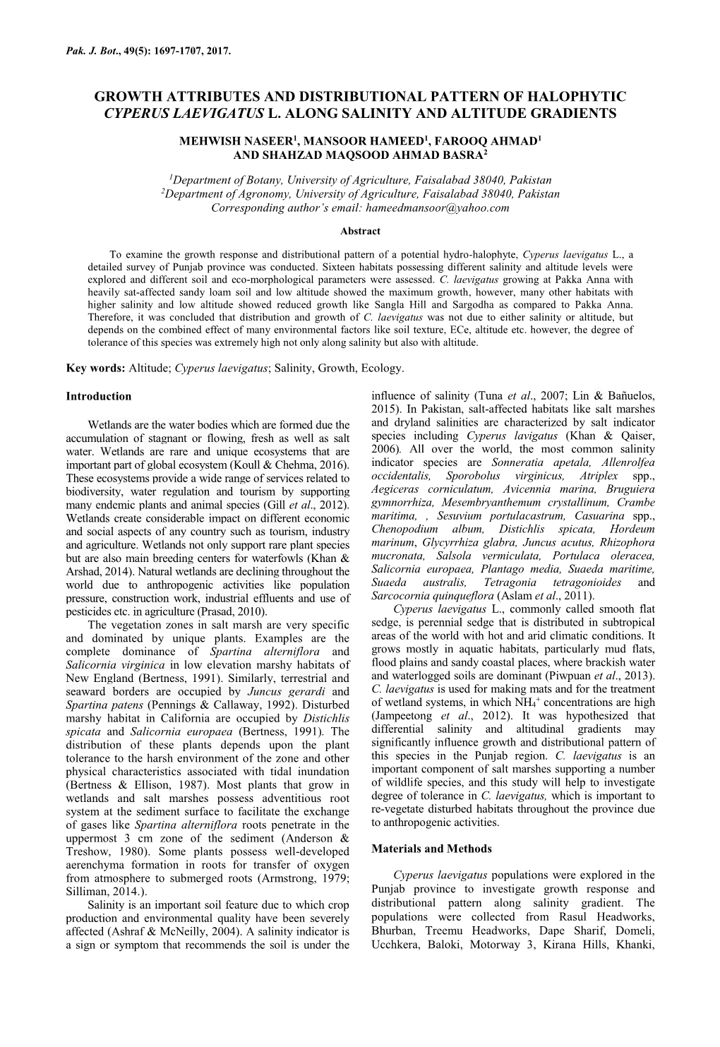 Growth Attributes and Distributional Pattern of Halophytic Cyperus Laevigatus L