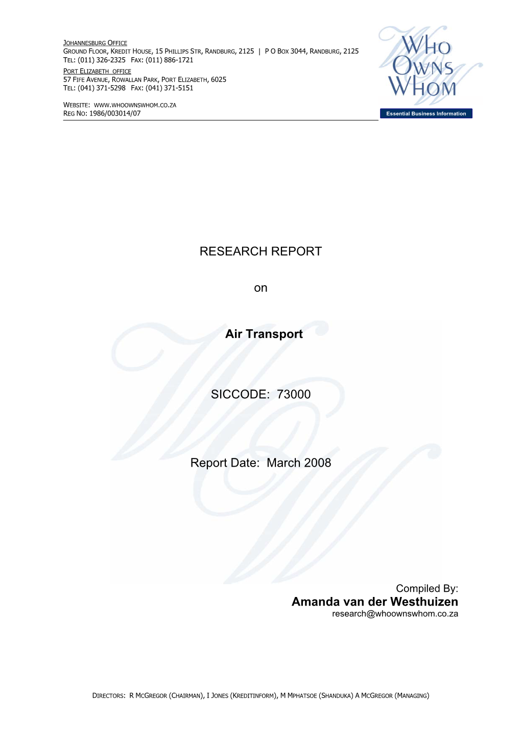 RESEARCH REPORT on Air Transport SICCODE: 73000 Report