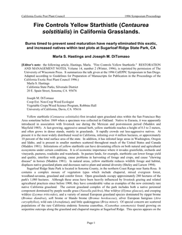 Fire Controls Yellow Starthistle (Centaurea Solstitialis) in California Grasslands
