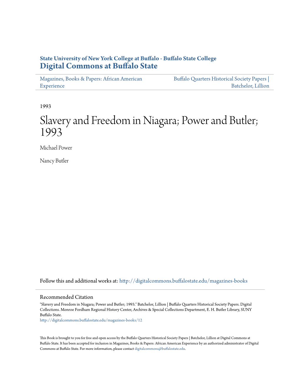 Slavery and Freedom in Niagara; Power and Butler; 1993 Michael Power