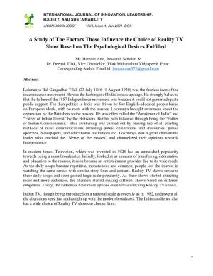 A Study of the Factors Those Influence the Choice of Reality TV Show Based on the Psychological Desires Fulfilled