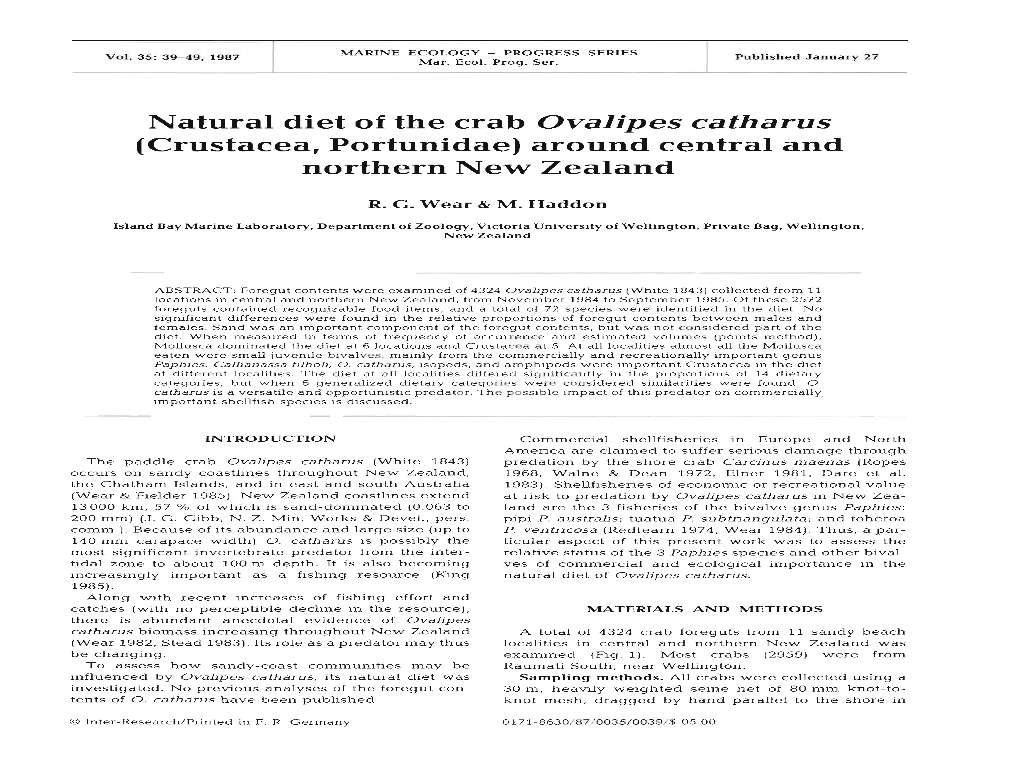 Natural Diet of the Crab Ovalipes Catharus (Crustacea, Portunidae) Around Central and Northern New Zealand