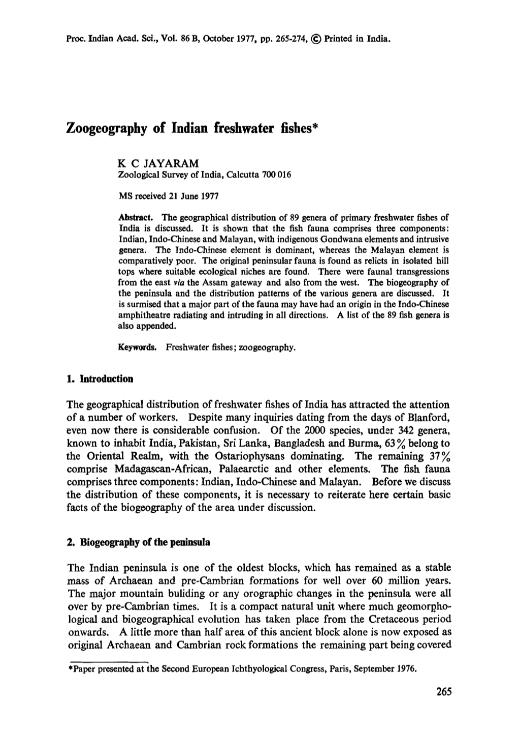 Zoogeography of Indian Freshwater Fishes*
