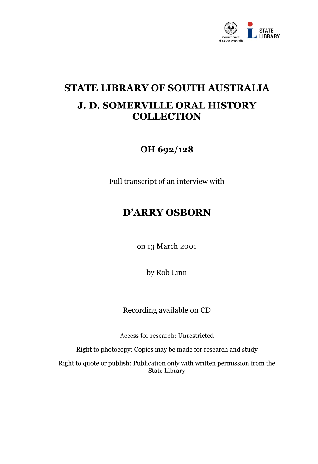 State Library of South Australia Jd Somerville Oral History Collection