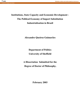 Institutions, State Capacity and Economic Development - the Political Economy of Import Substitution Industrialisation in Brazil