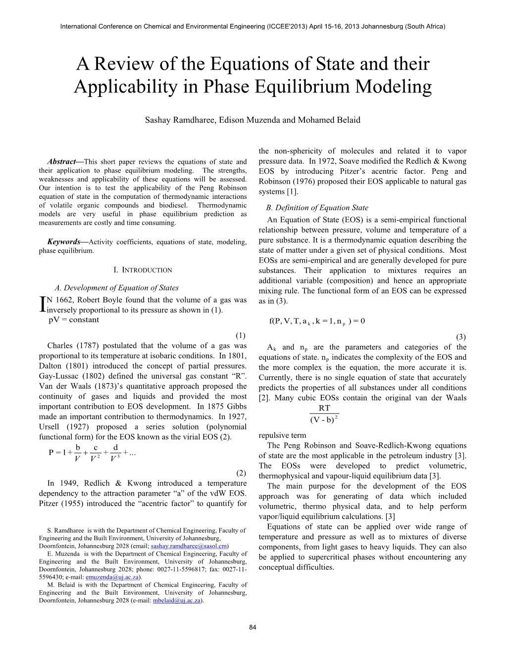 A Review of the Equations of State and Their Applicability in Phase Equilibrium Modeling