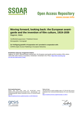 Moving Forward, Looking Back: the European Avant- Garde and the Invention of Film Culture, 1919-1939 Hagener, Malte