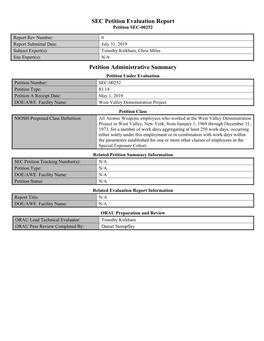 SEC-00252, Petition Evaluation Report, West Valley Demonstration