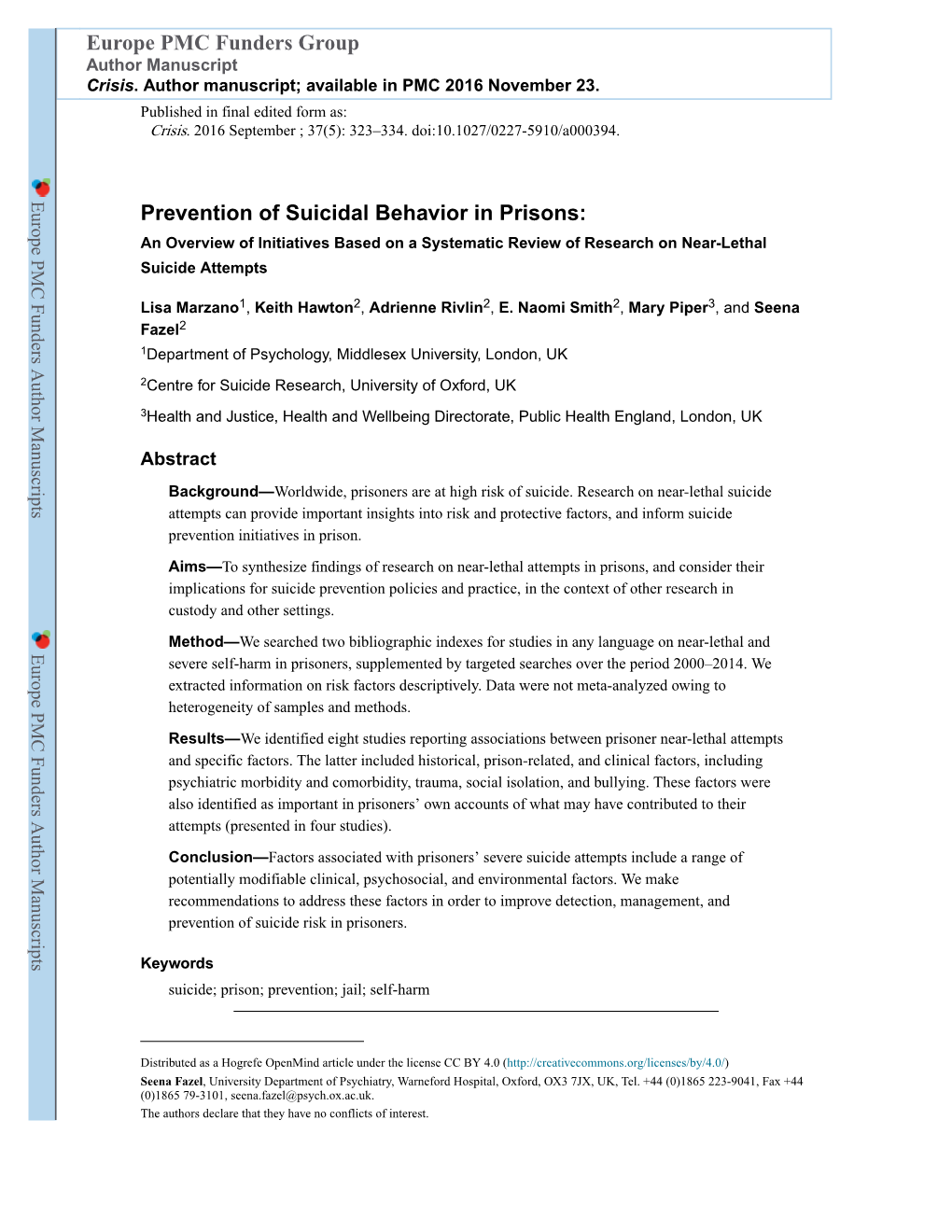 Prevention of Suicidal Behavior in Prisons: an Overview of Initiatives Based on a Systematic Review of Research on Near-Lethal Suicide Attempts