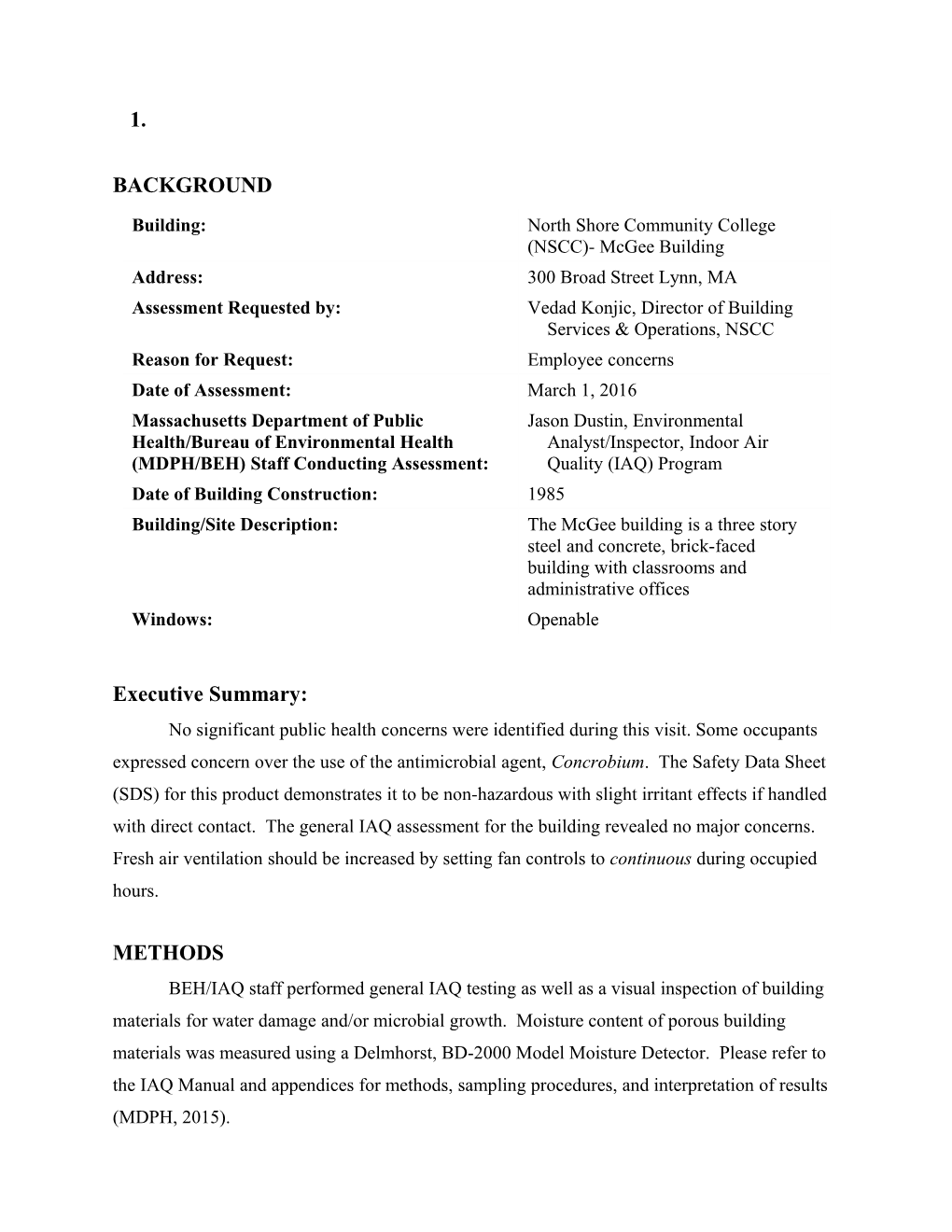 Indoor Air Quality Assessment Follow-Up North Shore Community College, Mcgee Building