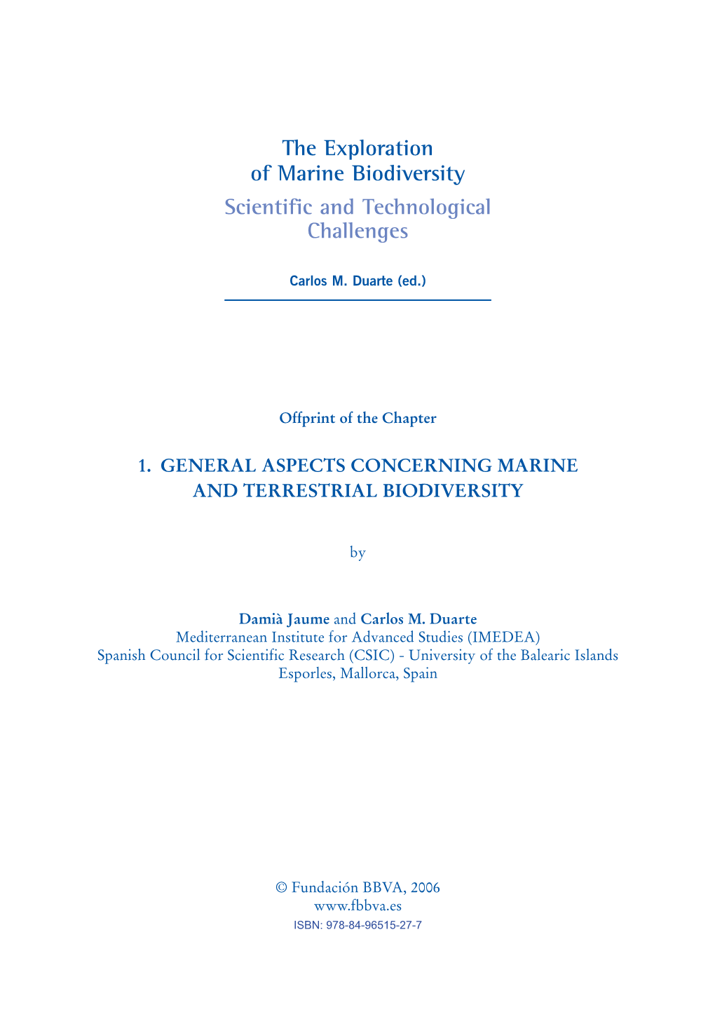 General Aspects Concerning Marine and Terrestrial Biodiversity