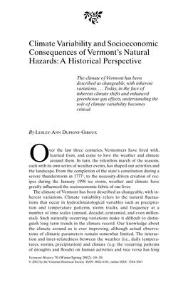 Climate Variability and Socioeconomic Consequences of Vermont’S Natural Hazards: a Historical Perspective
