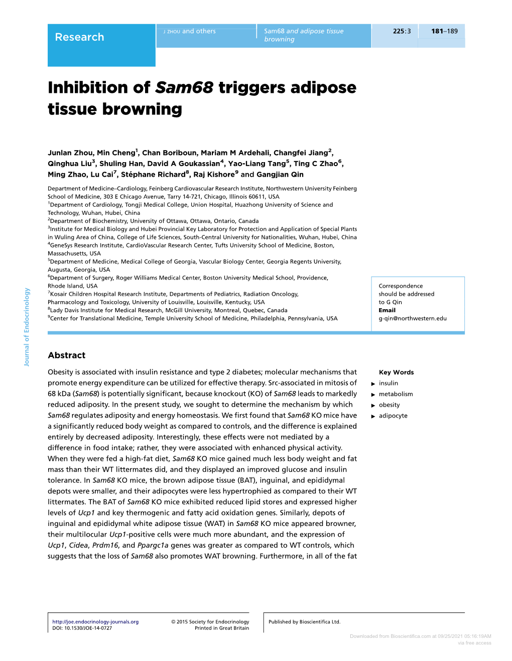 Inhibition of Sam68 Triggers Adipose Tissue Browning