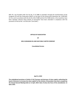 Articles of Association Have Been Amended in Compliance with the Provisions of the Act No