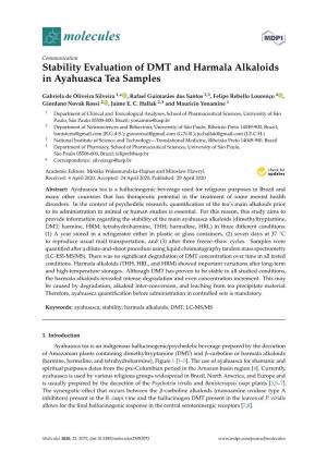 Stability Evaluation of DMT and Harmala Alkaloids in Ayahuasca Tea Samples