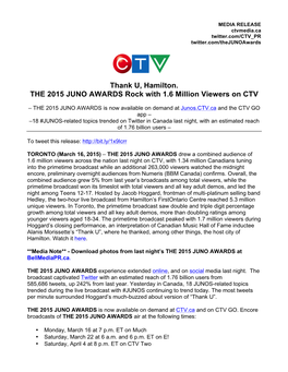Thank U, Hamilton. the 2015 JUNO AWARDS Rock with 1.6 Million Viewers on CTV
