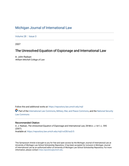 The Unresolved Equation of Espionage and International Law