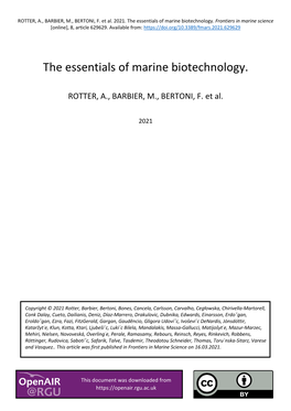 The Essentials of Marine Biotechnology. Frontiers in Marine Science [Online], 8, Article 629629