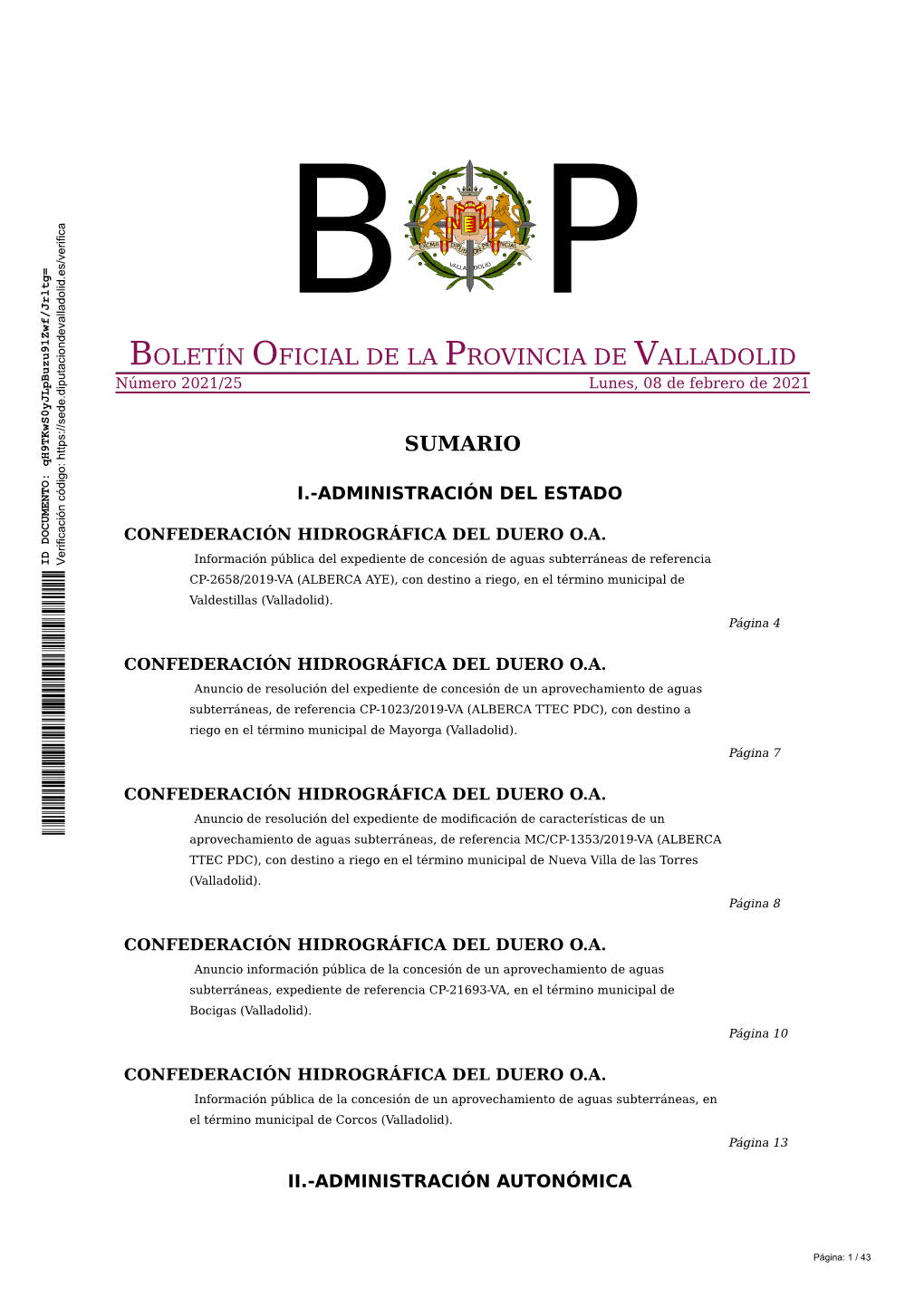 BOLETÍN OFICIAL DE LA PROVINCIA DE VALLADOLID Número 2021/25 Lunes, 08 De Febrero De 2021