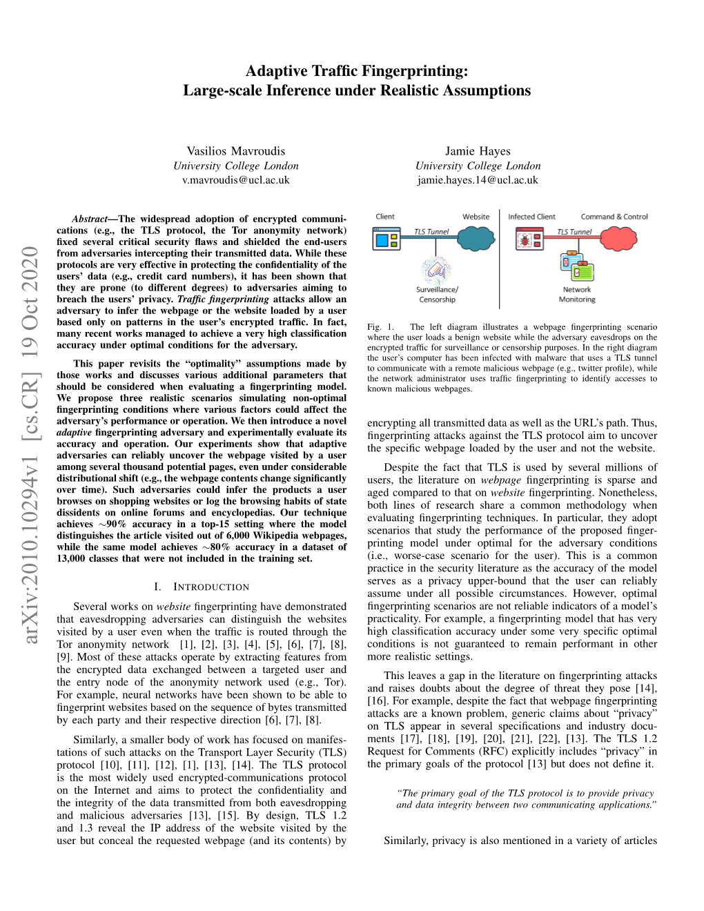 Arxiv:2010.10294V1 [Cs.CR] 19 Oct 2020 Tor Anonymity Network [1], [2], [3], [4], [5], [6], [7], [8], Conditions Is Not Guaranteed to Remain Performant in Other [9]