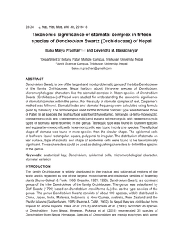 Taxonomic Significance of Stomatal Complex in Fifteen Species of Dendrobium Swartz (Orchidaceae) of Nepal
