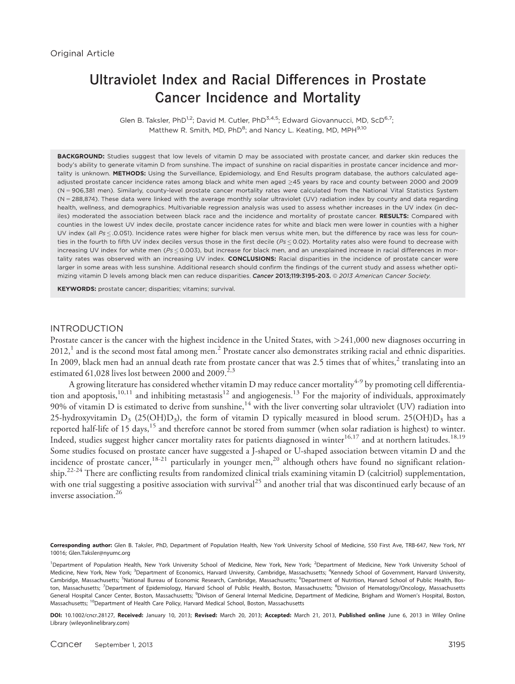 Ultraviolet Index and Racial Differences in Prostate Cancer Incidence and Mortality