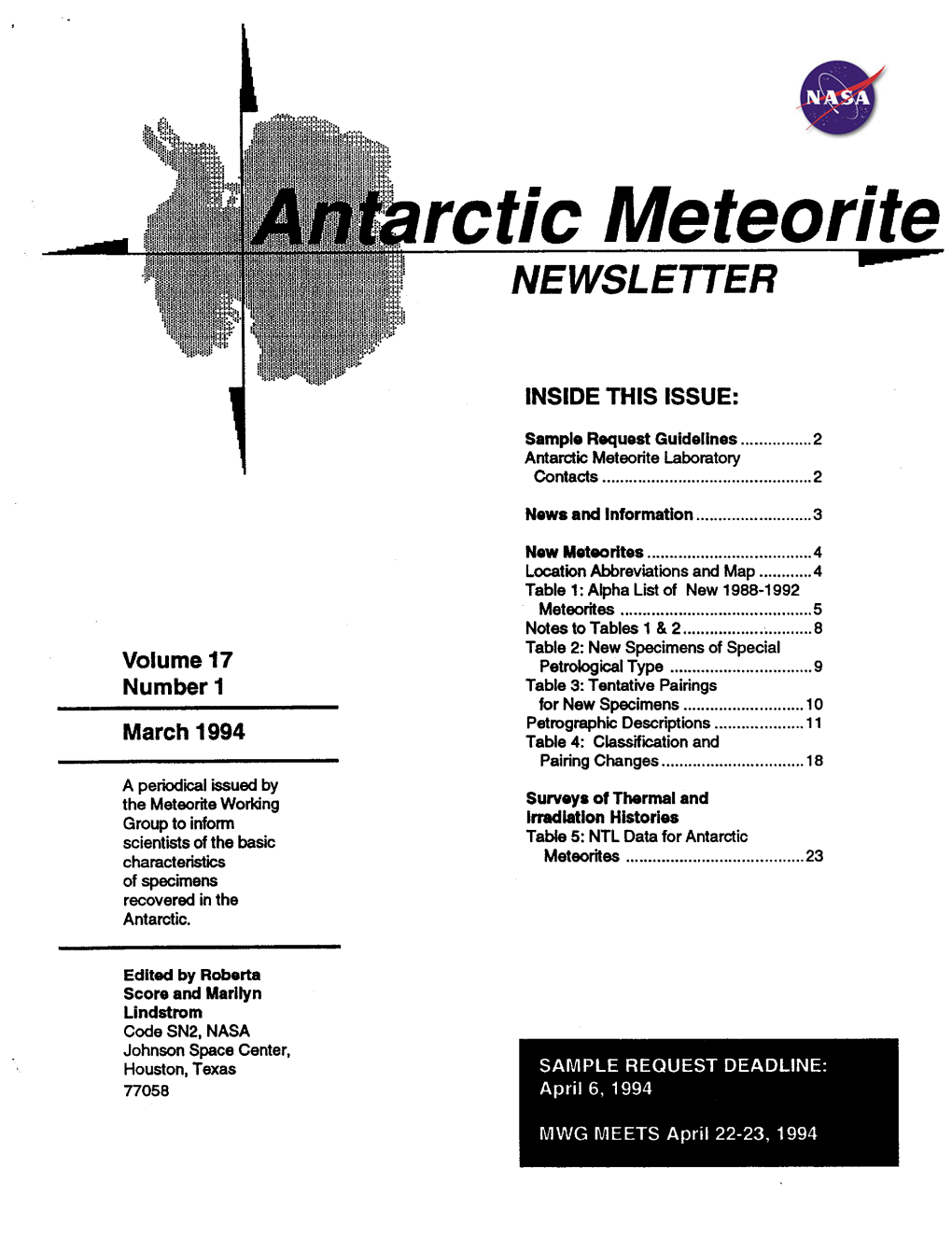 Antartic Meterorite Newsletter Vol 17 Number 1
