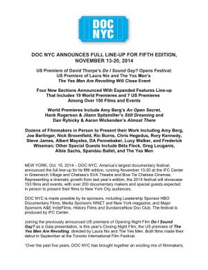 Doc Nyc Announces Full Line-Up for Fifth Edition, November 13-20, 2014