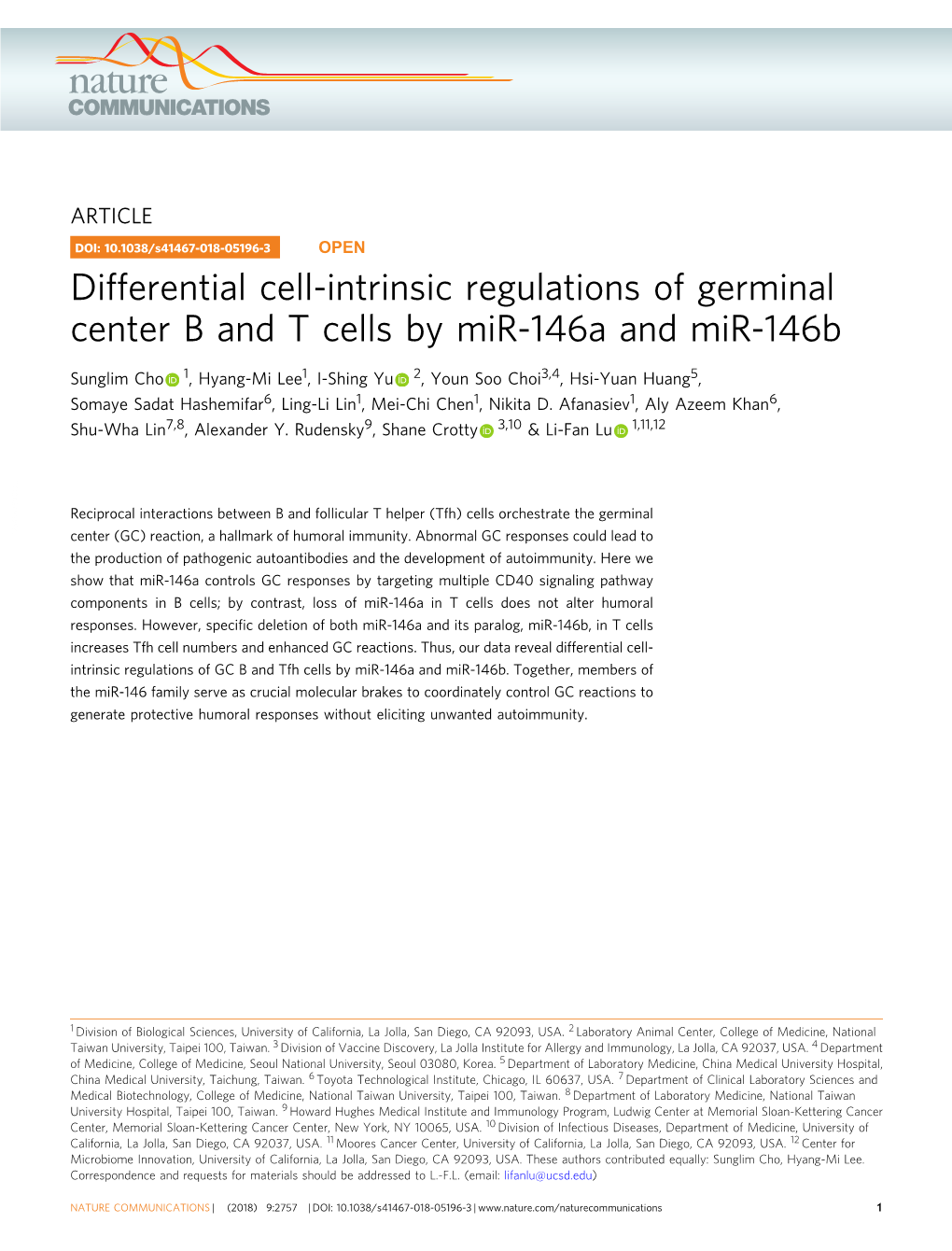 Differential Cell-Intrinsic Regulations of Germinal Center B and T Cells by Mir-146A and Mir-146B