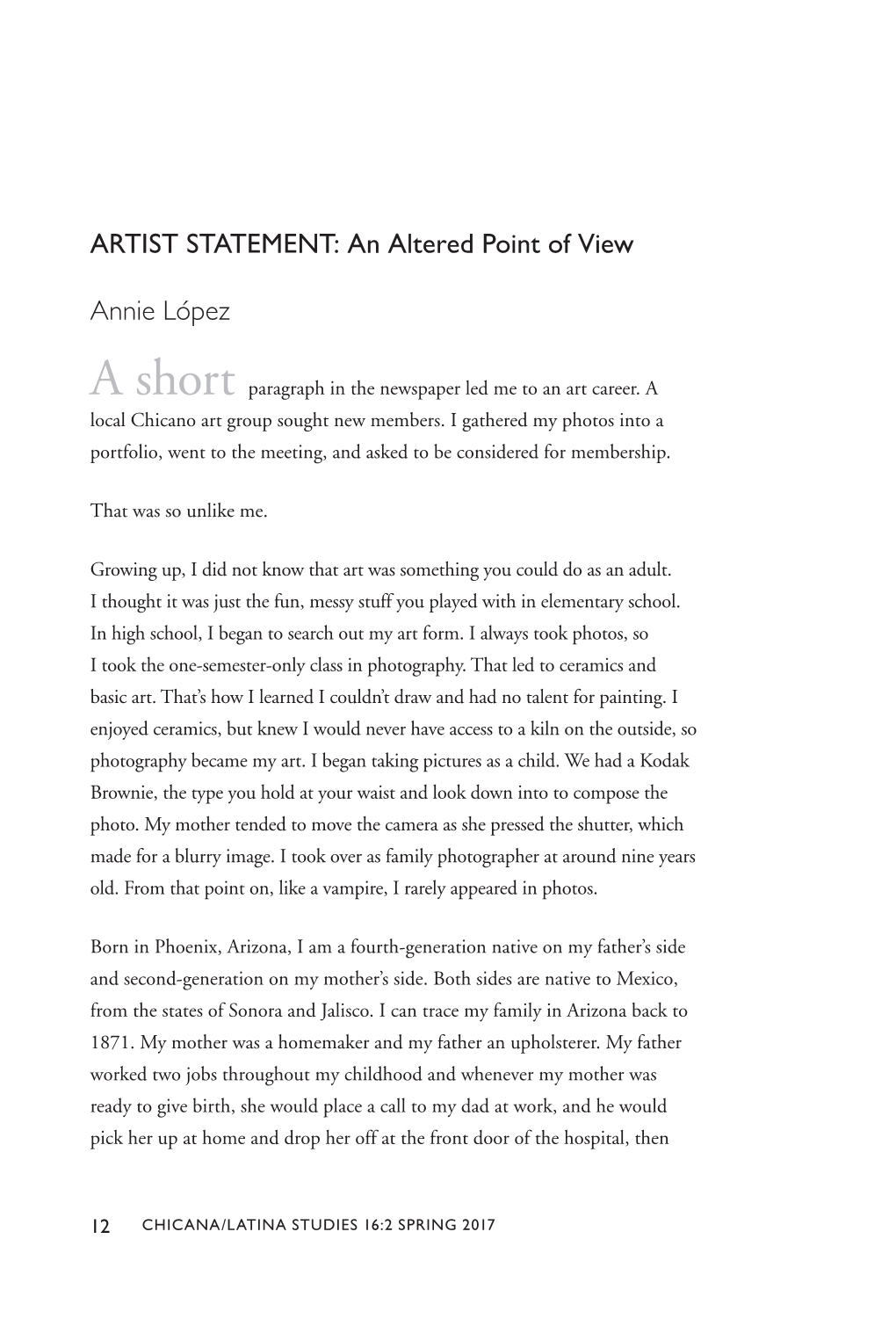 ARTIST STATEMENT: an Altered Point of View Annie López