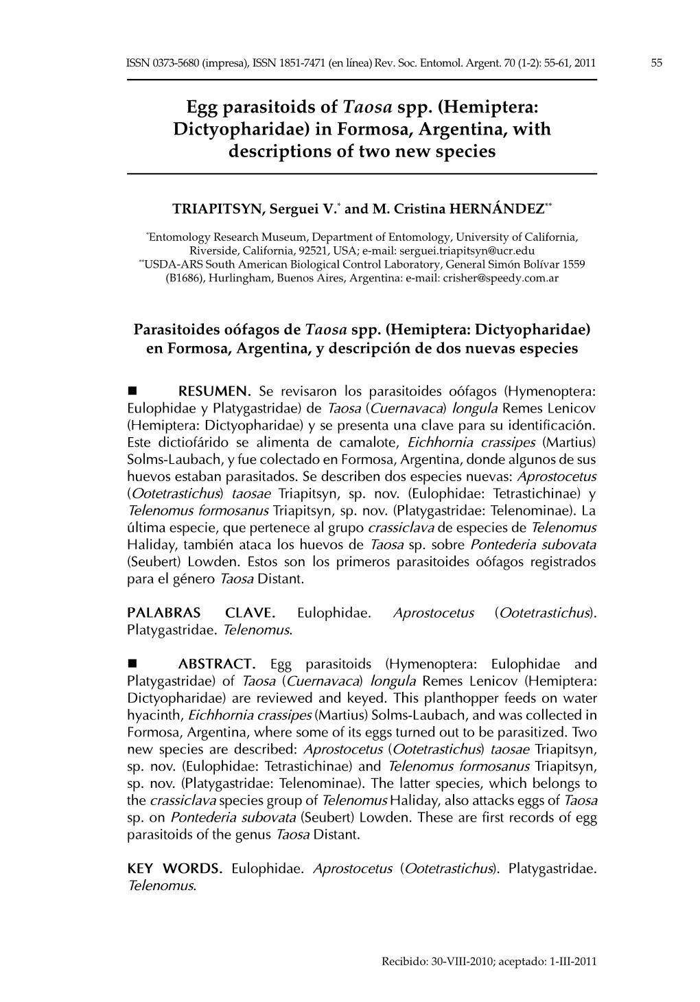 Egg Parasitoids of Taosa Spp. (Hemiptera: Dictyopharidae) in Formosa, Argentina, with Descriptions of Two New Species