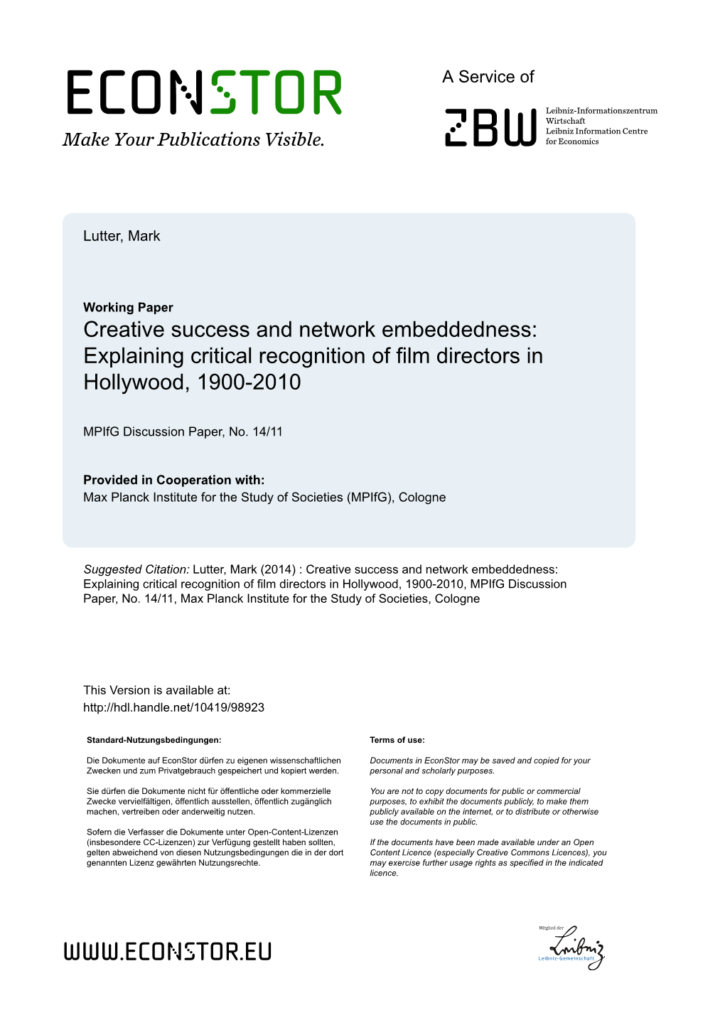 Explaining Critical Recognition of Film Directors in Hollywood, 1900–2010