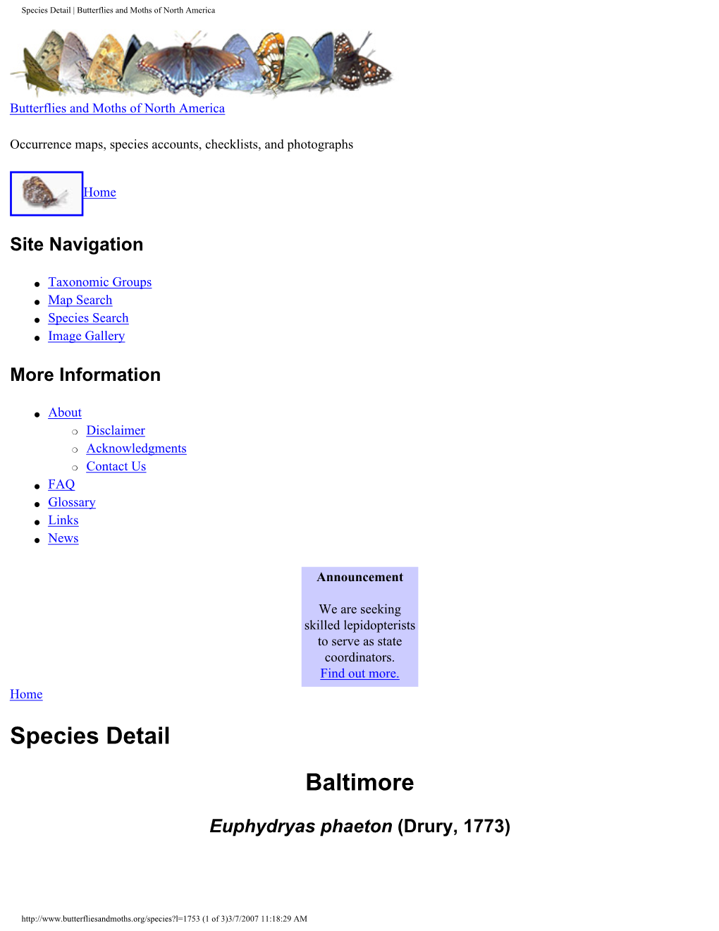 Butterflies and Moths of North America, Baltimore Species Detail
