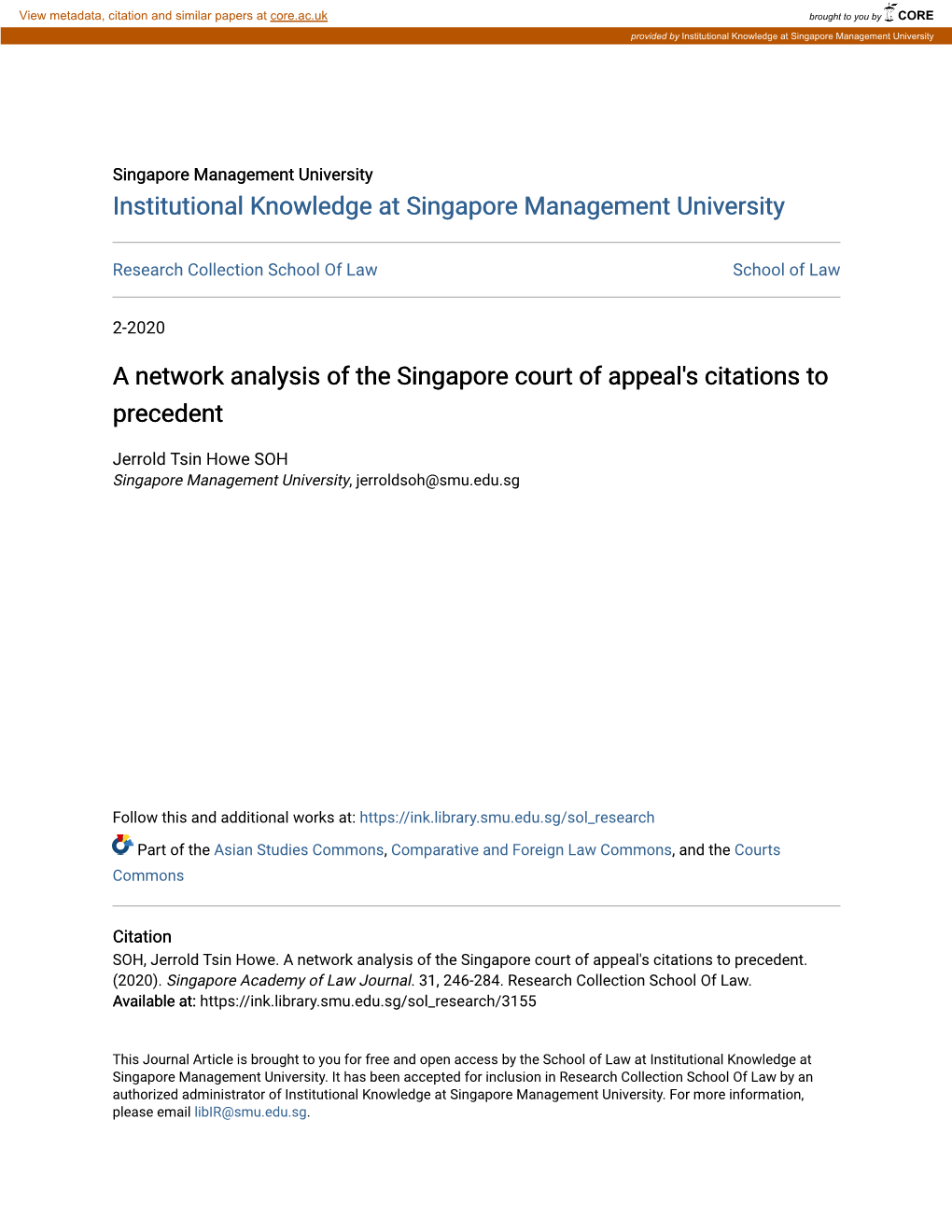 A Network Analysis of the Singapore Court of Appeal's Citations to Precedent